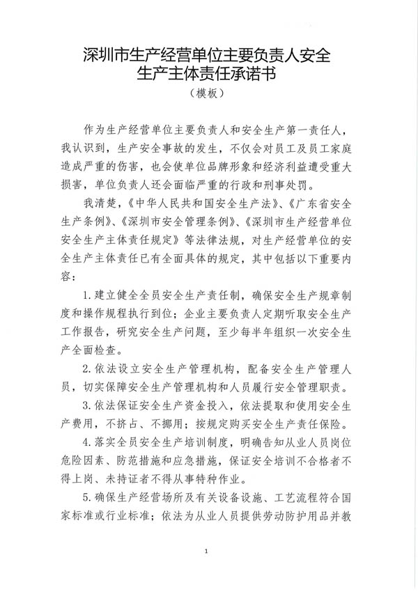 深圳市生產(chǎn)經(jīng)營單位主要負(fù)責(zé)人安全生產(chǎn)主體責(zé)任承諾書